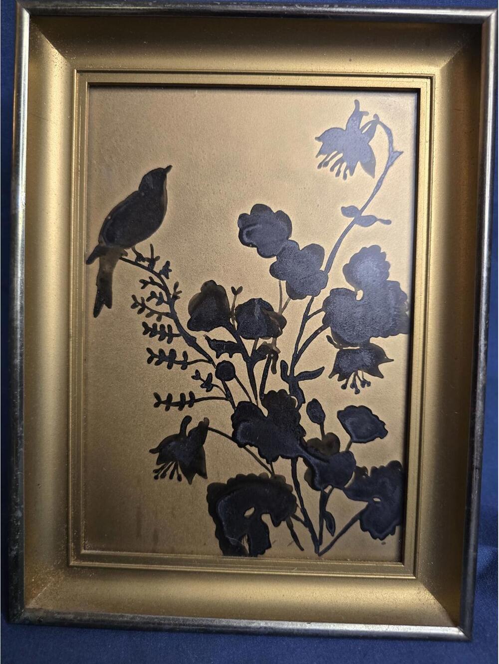 Vintage Original Framed Wheat Straw Bird on Branch Art Black Silk Fabric Nature
